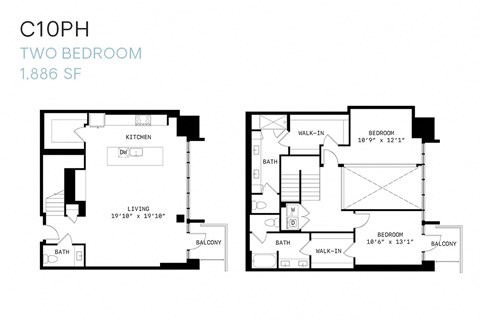 Floor plan for 2 beds, 2.5 baths, 1886 sqft